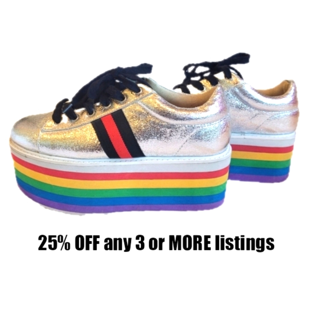 Rainbow Platform Sneakers Metallic RARE Size 7 Striped Chunky Flatform Wedge Fun